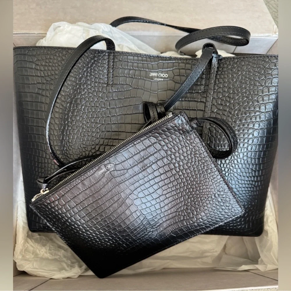Jimmy Choo Black Croc-Embossed Leather Large Tote with Charm - Picture 6 of 12